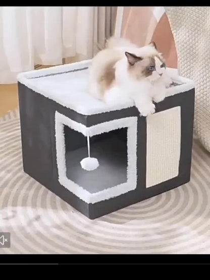 Multi-Layer Cat House with 2-Tier Bed, Toy Tunnel, Foldable Scratching Post & Cozy Mat – All-Season Indoor Cat Condo with Plush Hanging Ball, Nylon Frame & Canvas, Foldable Design