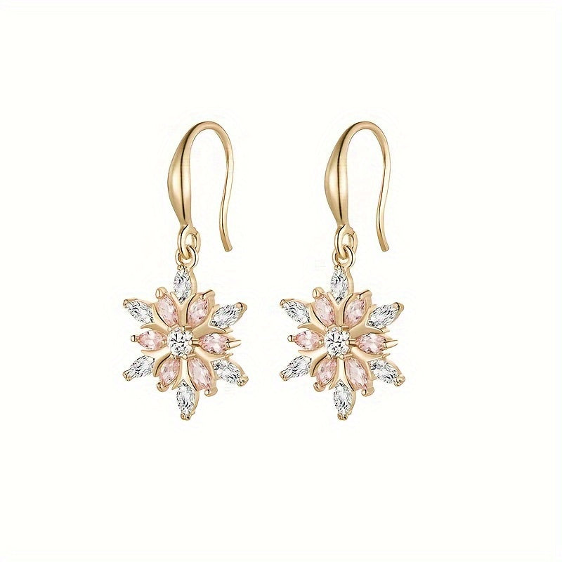 S925 Sterling Silver Pink Glass Snowflake Earrings – Elegant Romantic Dangle Earrings for Women, Festive Holiday Jewelry, Casual Daily Wear, Christmas Valentine Birthday Gift for Girlfriend