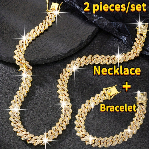 Cuban Link Necklace and Bracelet Set Rhinestone Zircon Bling Hip Hop Jewelry Set Gold Silver Rose Gold Y2K Punk Chain Set for Women Men Gift