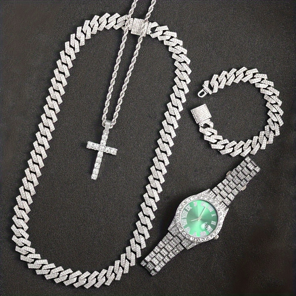 4pcs Rhinestone Watch & Cross Pendant Jewelry Set Quartz Analog Wrist Watch Necklace Bracelet Earrings Unisex Gift for Him Her Wedding