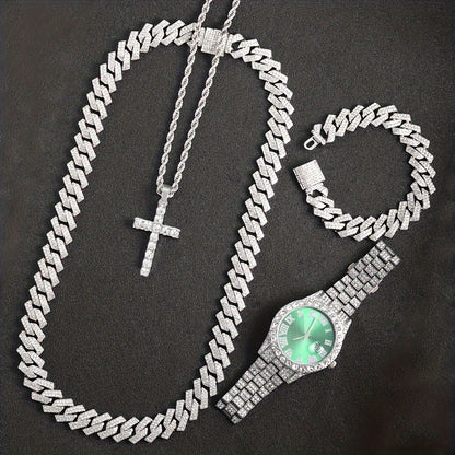 4pcs Rhinestone Watch & Cross Pendant Jewelry Set Quartz Analog Wrist Watch Necklace Bracelet Earrings Unisex Gift for Him Her Wedding