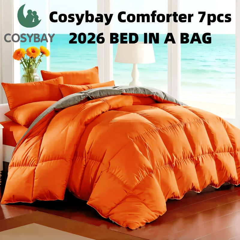 7 Piece Comforter Set Queen King Size – Soft Microfiber Pinch Pleated Bed in a Bag with Comforter, Fitted Sheet, Flat Sheet & 4 Pillowcases, All-Season Bedding Set for Home & Dorm