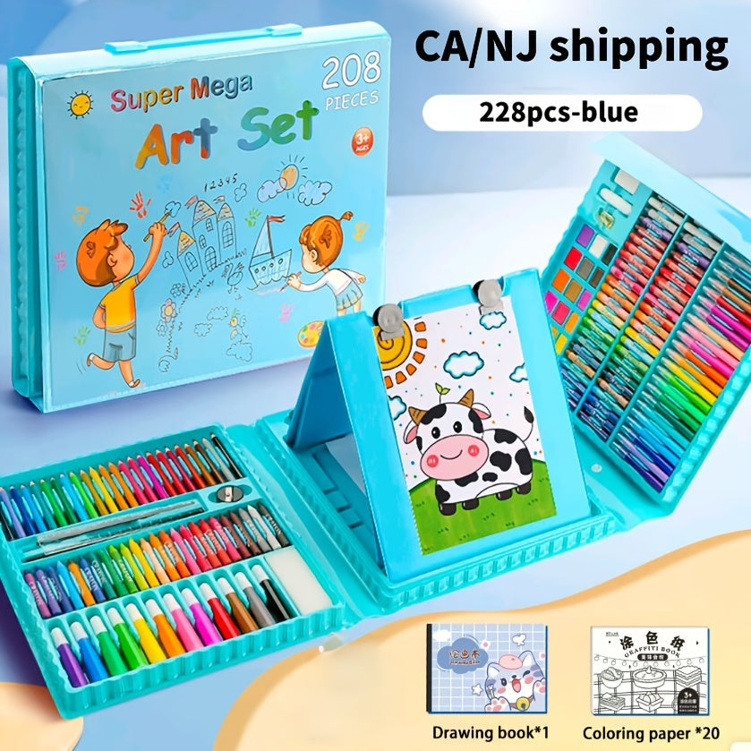 228 Pcs Kids Art Painting Set with Easel, Complete Beginner Drawing Kit for Children Ages 3-12, Includes Sketchbook, Coloring Book, Acrylic Markers, Watercolor Pens, Oil Pastels, Colored Pencils & Eraser
