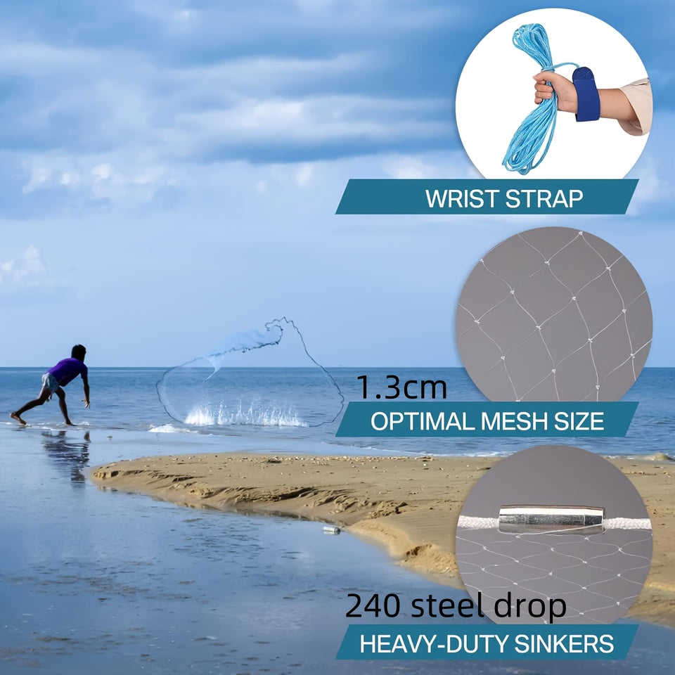 Fishing Cast Net 8FT 10FT for Bait Trapping – Strong Nylon Monofilament Mesh with Heavy Duty Zinc Sinker Weights, Easy Throw Design for American Saltwater & Freshwater Fishing, 240/300 Steel Drop