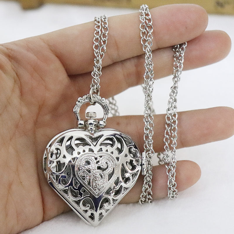 Retro Heart Shaped Pocket Watch Necklace for Women – Vintage Silver Hollow Quartz Pendant Sweater Chain Jewelry Gift for Ladies