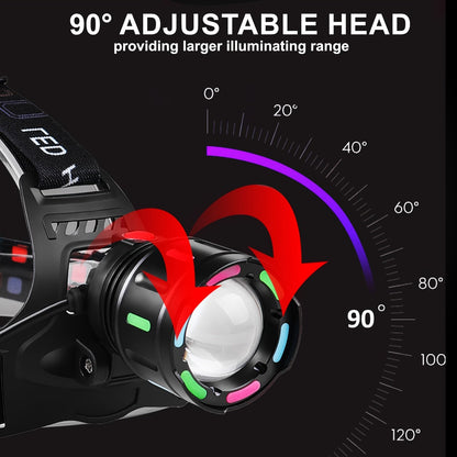 LED Headlamp Rechargeable 4 Modes Adjustable Focal Length 90° Tilt Warning Taillight Camping Hiking Adventure Emergency Repair Work Durable Headlight for Adults