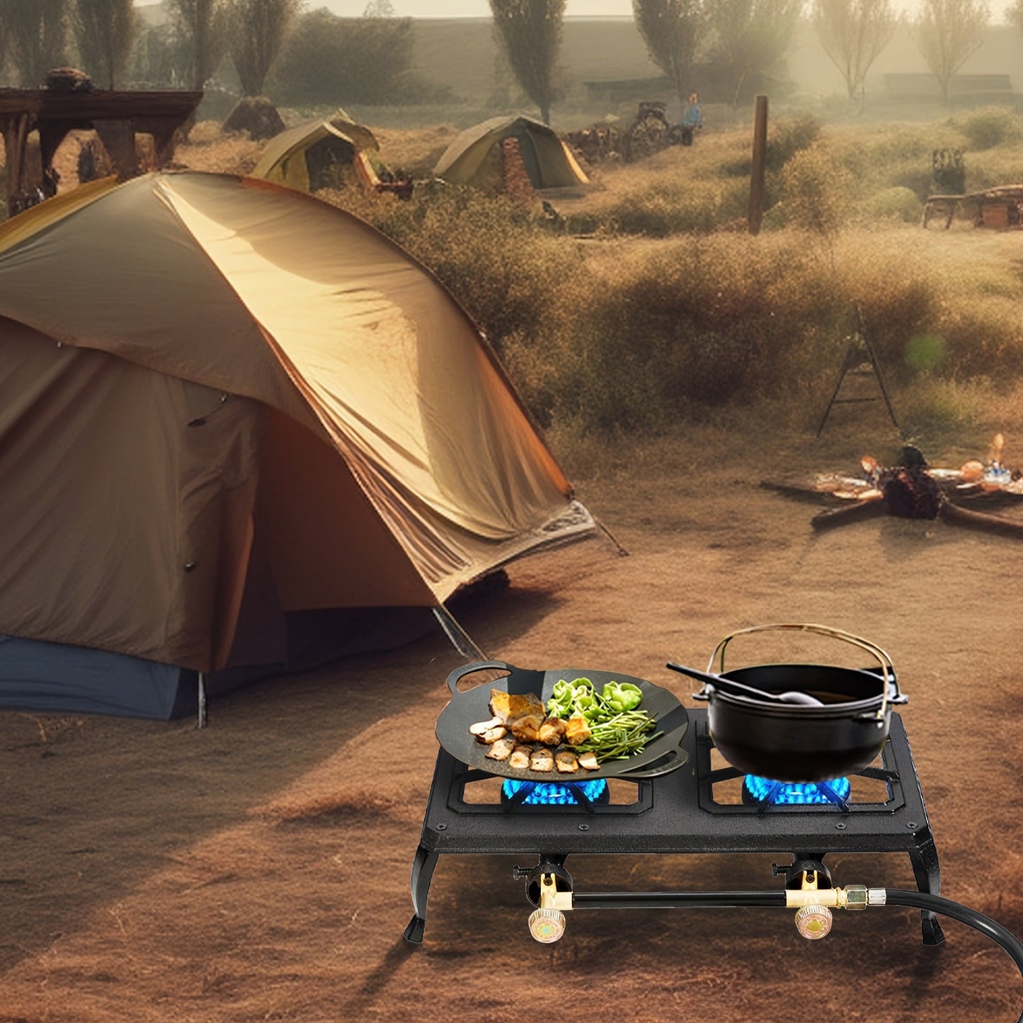 Portable Propane Camp Stove 1 or 2 Burner - Outdoor Gas Cooker with CSA Certified Regulator & Hose for Camping, BBQ, Home Brewing, Turkey Fry & Patio Cooking
