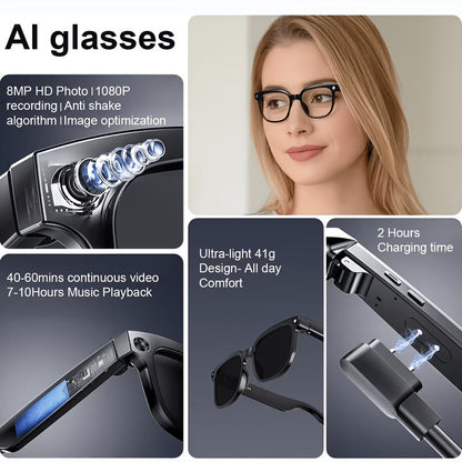 Smart Camera Glasses 8MP Ultra-Wide 1080P HD – AI Voice Control, Bluetooth 5.4, WiFi, Blue Light Blocking, 4H Playtime, Immersive Audio, Wearable Tech Glasses for Video, Music & Hands-Free Use