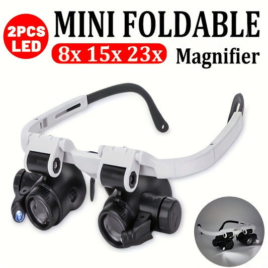 Head-Mounted Magnifying Glass with LED Light Hands-Free 8X 15X 23X Foldable Dual Head – Wearable Magnifier for Jewelry Making, Electronics Repair, Crafts, Reading & Precision Work