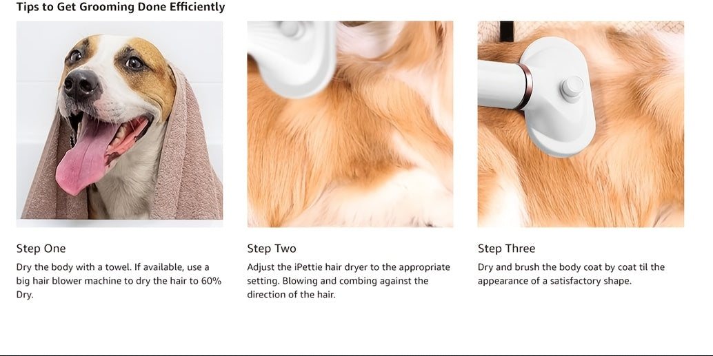 2-in-1 Pet Hair Dryer with Self-Cleaning Slicker Brush – Portable Dog & Cat Grooming Blow Dryer, 3 Temperature Settings, Low Noise, Stainless Steel Bristles, Home & Travel Grooming Tool