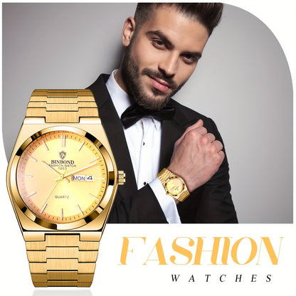 Men's Stainless Steel Quartz Watch – Luminous Dial, Date Calendar, Analog Business Wristwatch for Men, Classic Round Face, Solid Steel Band, Multiple Colors Available