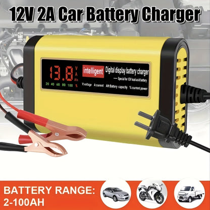 12V Smart Car Battery Charger and Maintainer, Intelligent Trickle Charger with Desulfurization & Temperature Compensation for 2Ah-100Ah Batteries – Compatible with Car, Truck, Motorcycle & Lawn Mower