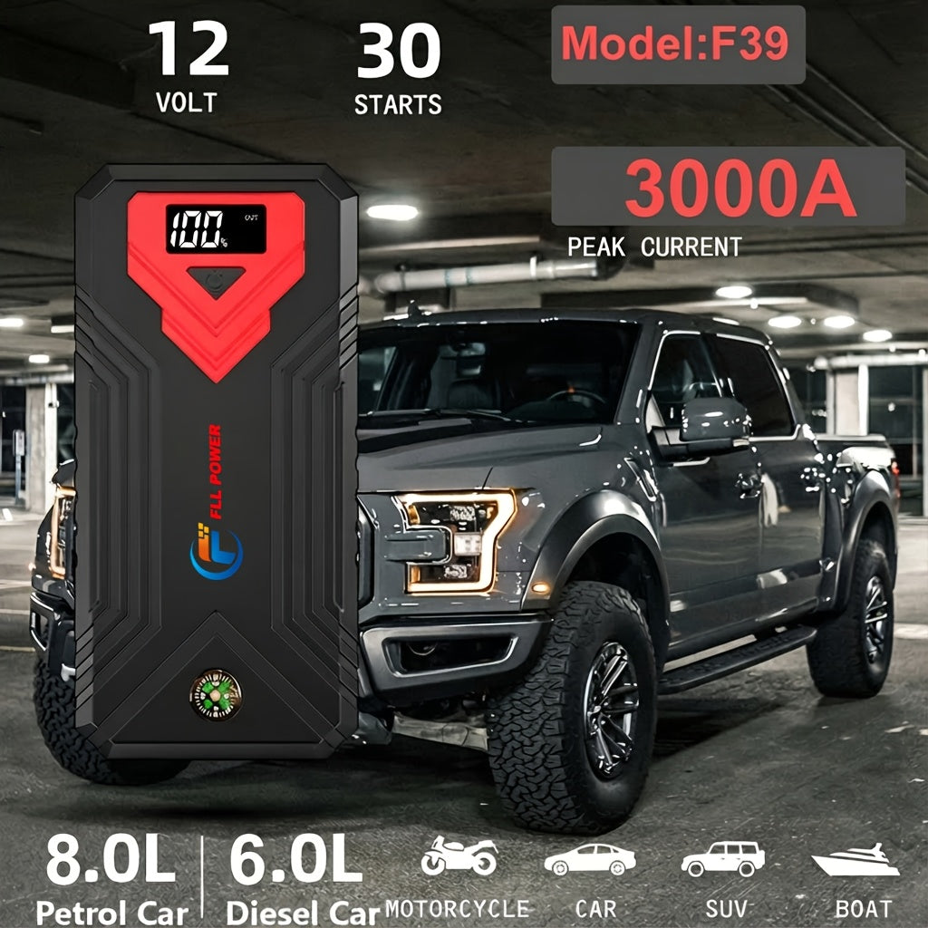 Portable Car Jump Starter Power Pack 1600A–3000A 12V Battery Booster – Compact Emergency Start for Gas & Diesel Engines with USB Charge Ports & LED Flashlight