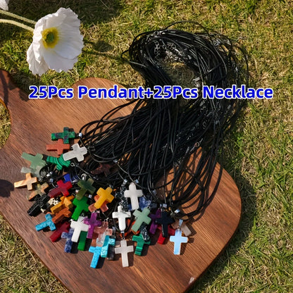 50-Piece Natural Stone Cross Pendant DIY Jewelry Making Set – 25 Mixed Gemstone Cross Pendants & 25 Adjustable Black Faux Leather Necklaces, Bulk Craft Supplies for Necklaces, Bracelets & Earrings