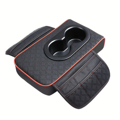 PU Leather Car Center Console Mat & Armrest Box Cover | Universal Fit, 2 Side Pockets, 2 Cup Holders, Phone & Card Storage, Tissue Box Replacement – Black, Grey, Red, Beige, Brown, Cream