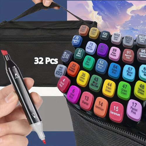 Dual Tip Alcohol Markers Set with Carrying Case 32 to 172 Colors – Professional Artist Markers for Drawing Sketching Card Making Illustration and Adult Coloring with Custom Packaging Bag Option