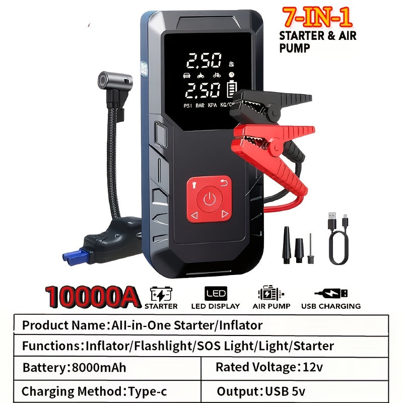 10000A Car Jump Starter with 350PSI Air Compressor, 9-in-1 Portable Battery Jump Starter Pack with LED Light, USB Type-C Fast Charging, Tire Inflator – 12V Car Emergency Kit & Gift