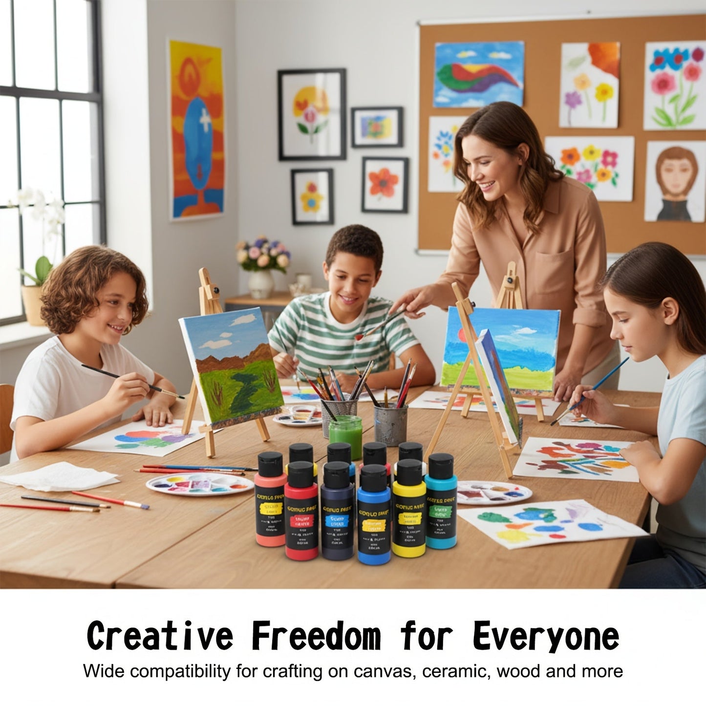 Acrylic Paint Set 24 Colors 2.03oz Each with 12 Art Brushes Premium Painting Supplies for Canvas Ceramic Fabric Wood Rich Long-Lasting Pigments for Beginners Hobbyists & Professional Artists