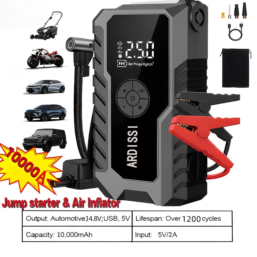 5000A Peak Portable Car Jump Starter with 150 PSI Air Inflator Pump – 10000mAh All-in-One Emergency Battery Booster, Type-C, LED Light for 12V Gas & Diesel Cars, Trucks, SUVs & Motorcycles