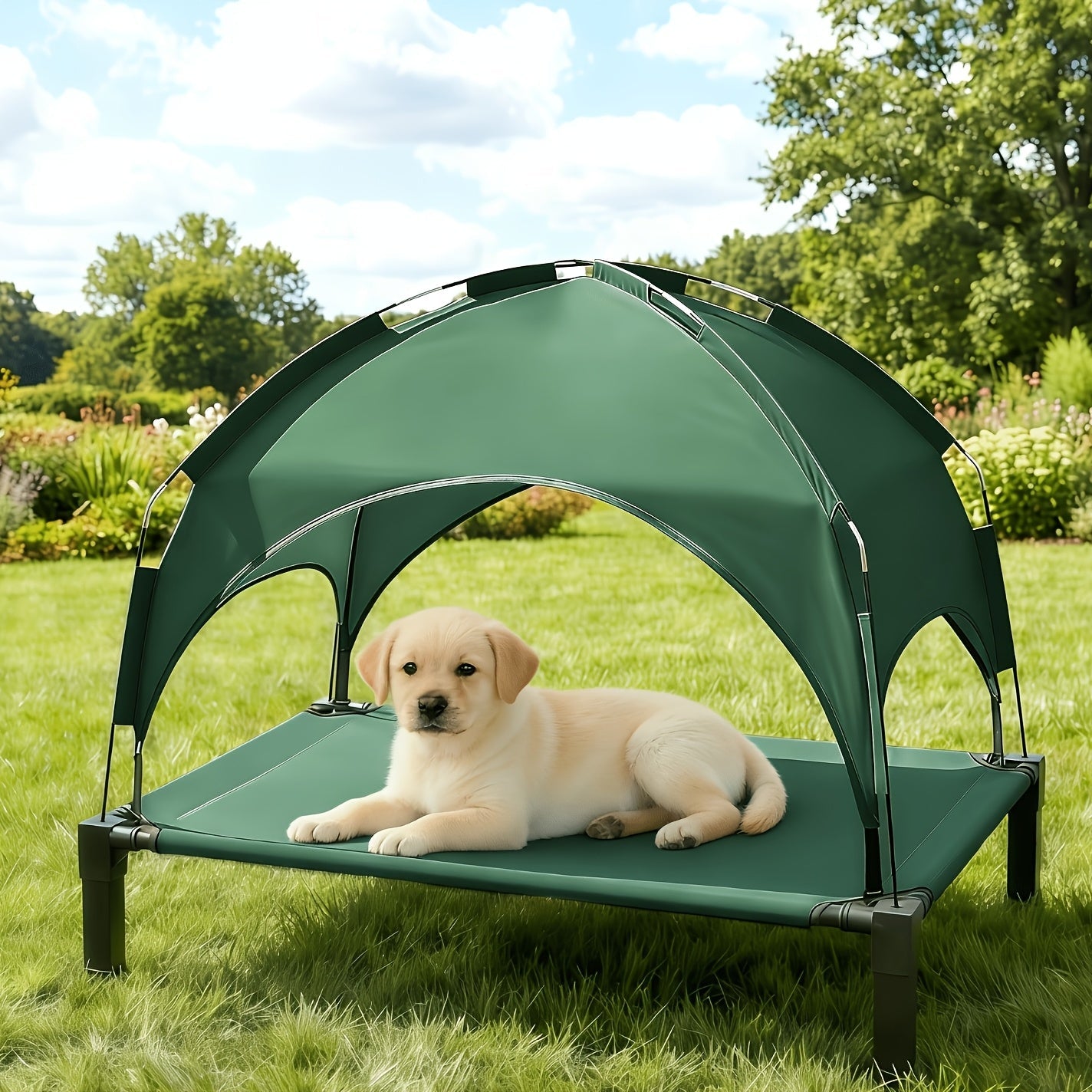 Elevated Dog Bed with Removable Canopy Shade Tent – Portable Raised Outdoor Cooling Pet Cot for Dogs & Cats, Breathable Mesh, Lightweight Foldable Design for Camping, Yard & Patio