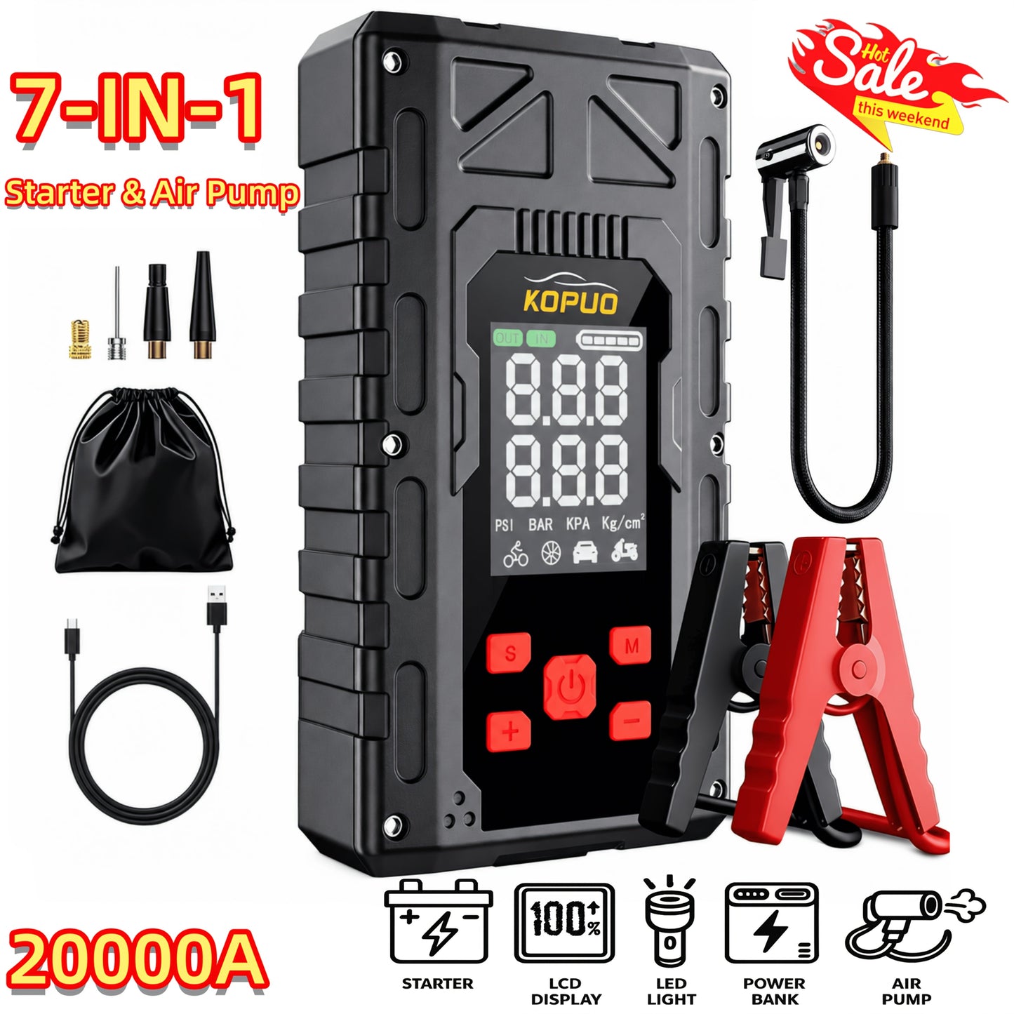 Portable Car Jump Starter 20000A Peak with Air Compressor, 7-in-1 Jump Starter Battery Pack 150PSI Tire Inflator, Power Bank, LED Light & Safety Hammer for 12V Gas & Diesel Engines – Roadside Emergency Kit