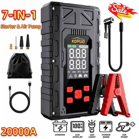Portable Car Jump Starter 20000A Peak with Air Compressor, 7-in-1 Jump Starter Battery Pack 150PSI Tire Inflator, Power Bank, LED Light & Safety Hammer for 12V Gas & Diesel Engines – Roadside Emergency Kit