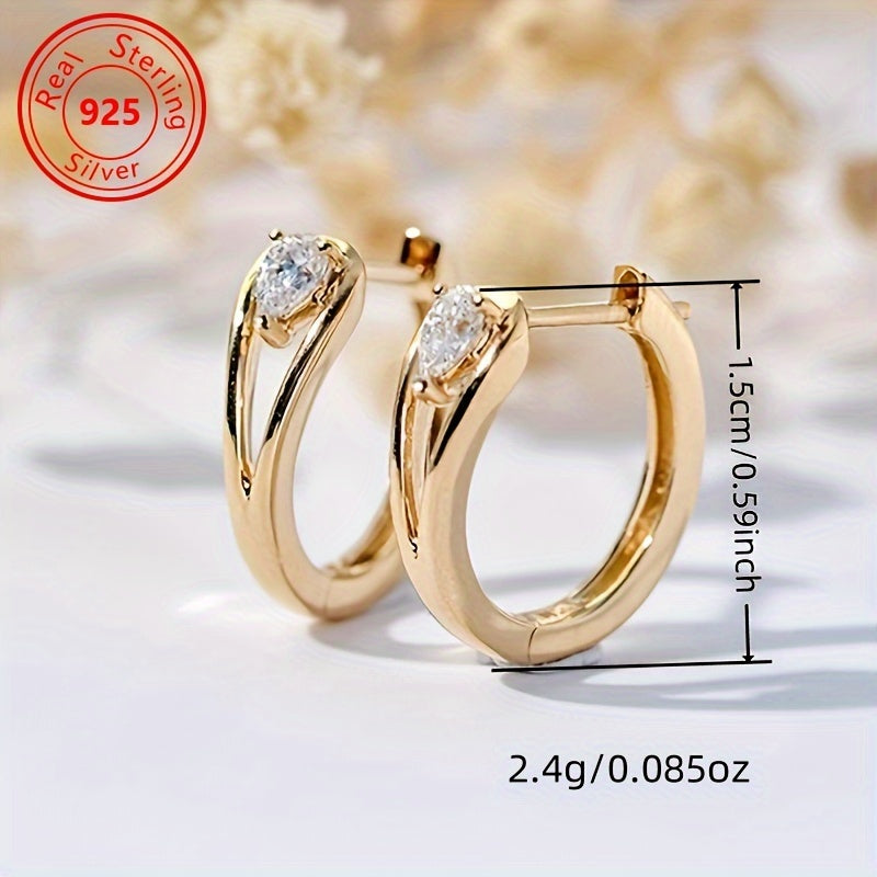 S925 Sterling Silver 18K Gold Plated Geometric Sparkling Zirconia Earrings for Women – Handcrafted Dazzling CZ Stud Drop Earrings, Timeless Elegant Daily Accessory & Perfect Gift