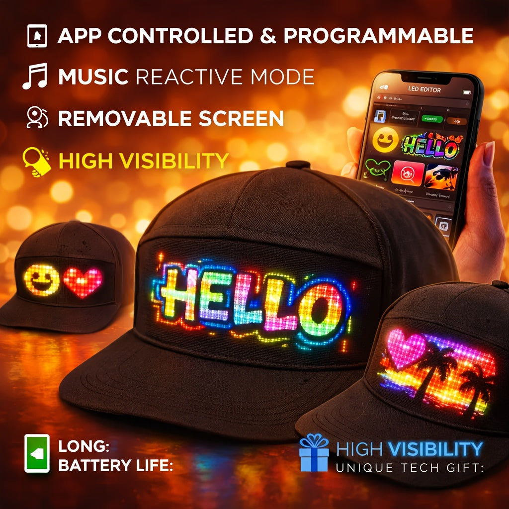 Programmable LED Light-Up Baseball Cap – Bluetooth App Scrolling Text & Animation, Rechargeable Flashing Hat for Parties Music Festivals Night Runs, Adjustable Teens Gift