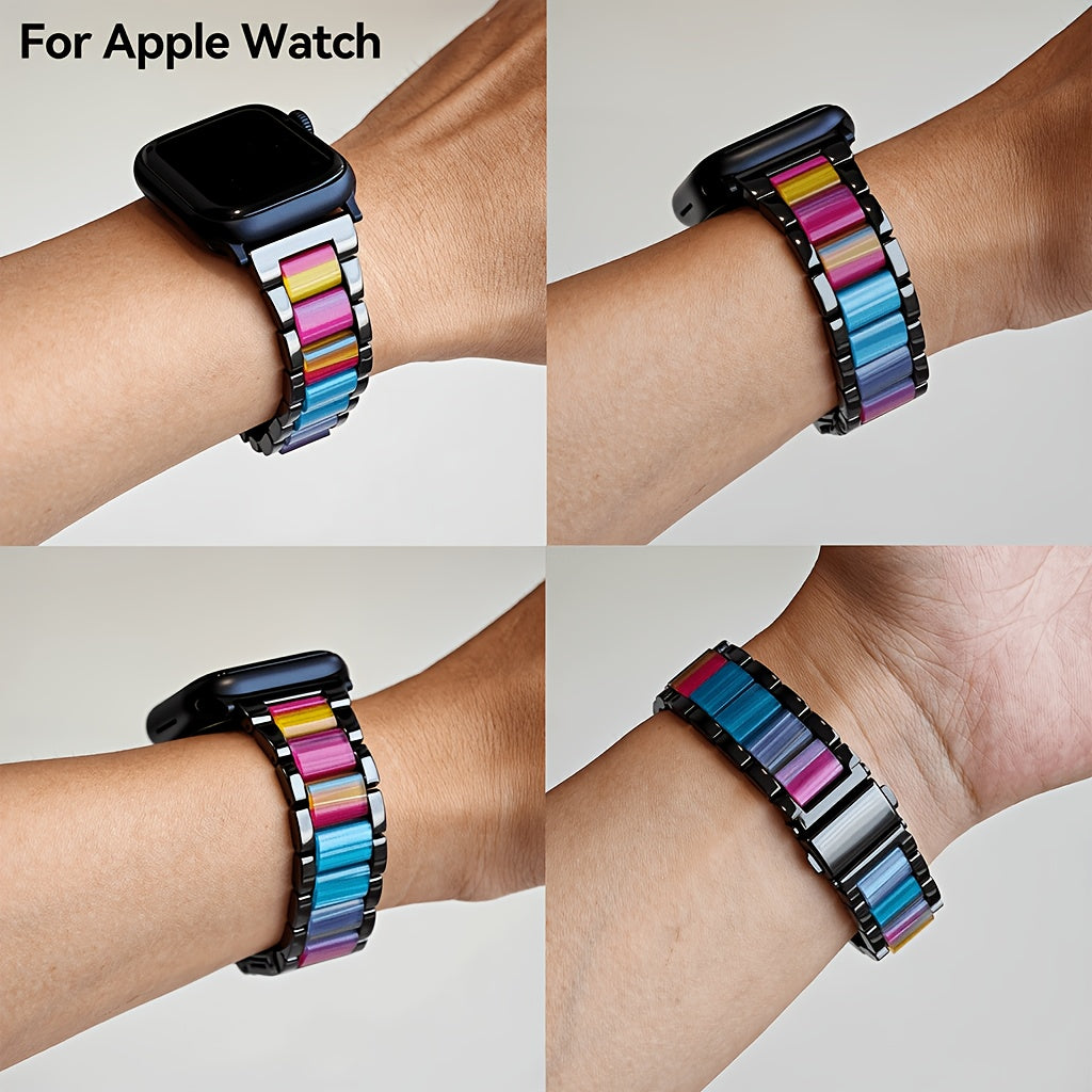 Apple Watch Band Women 42 44 45 46 49mm Stainless Steel Resin Starlight Rainbow Replacement Strap for iWatch Series 3-11 SE Ultra 1 2 3 – Work Office Fitness Party
