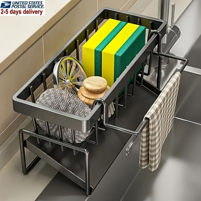 Kitchen Sink Caddy with Drainage & Removable Brush Holder – Countertop Sink Organizer for Dishwashing Brush, Sponge, Soap & Scrubber, Gray Plastic, for Kitchen, Bathroom & Laundry Room