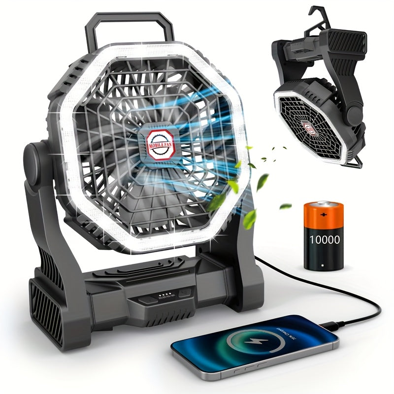 Rechargeable Portable Camping Fan with LED Light & Hanging Rope - 4-Speed USB Battery Powered Tent Fan for Outdoor Travel Indoor Home