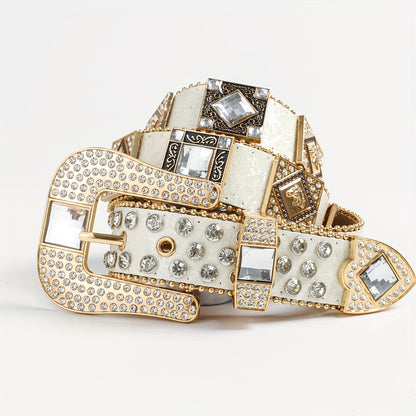 Rhinestone Punk Belt for Women - European American Style Rock & Roll Fashion Belt with Inlaid Rhinestones & Sequins, Zinc Alloy Golden Buckle, Glamorous Party Festival & Everyday Outfit Accessory