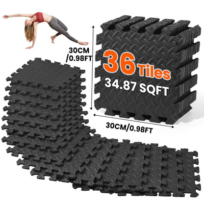 Interlocking Gym Floor Mats 36/48pcs EVA Foam Puzzle Tiles 12"x12" Non-Slip Exercise Mat for Home Gym Garage Playroom Fitness – Includes Border Strips, Coffee & Leaf Pattern