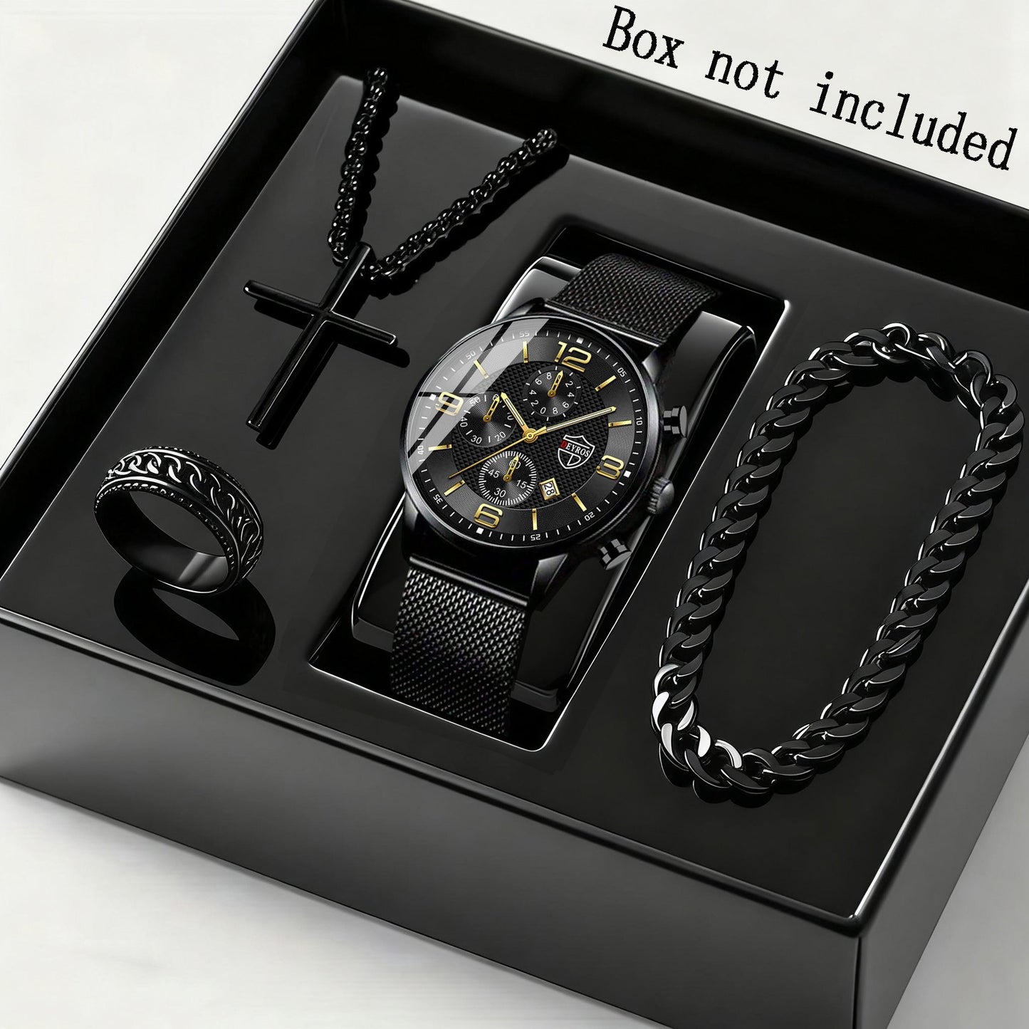 Men's Quartz Watch & Bracelet Jewelry Set 4pcs – Stainless Steel Date Display Casual Business Wristwatch with Bracelet & Necklace, Elegant Gift Set for Men