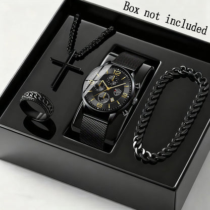 Men's Quartz Watch & Bracelet Jewelry Set 4pcs – Stainless Steel Date Display Casual Business Wristwatch with Bracelet & Necklace, Elegant Gift Set for Men