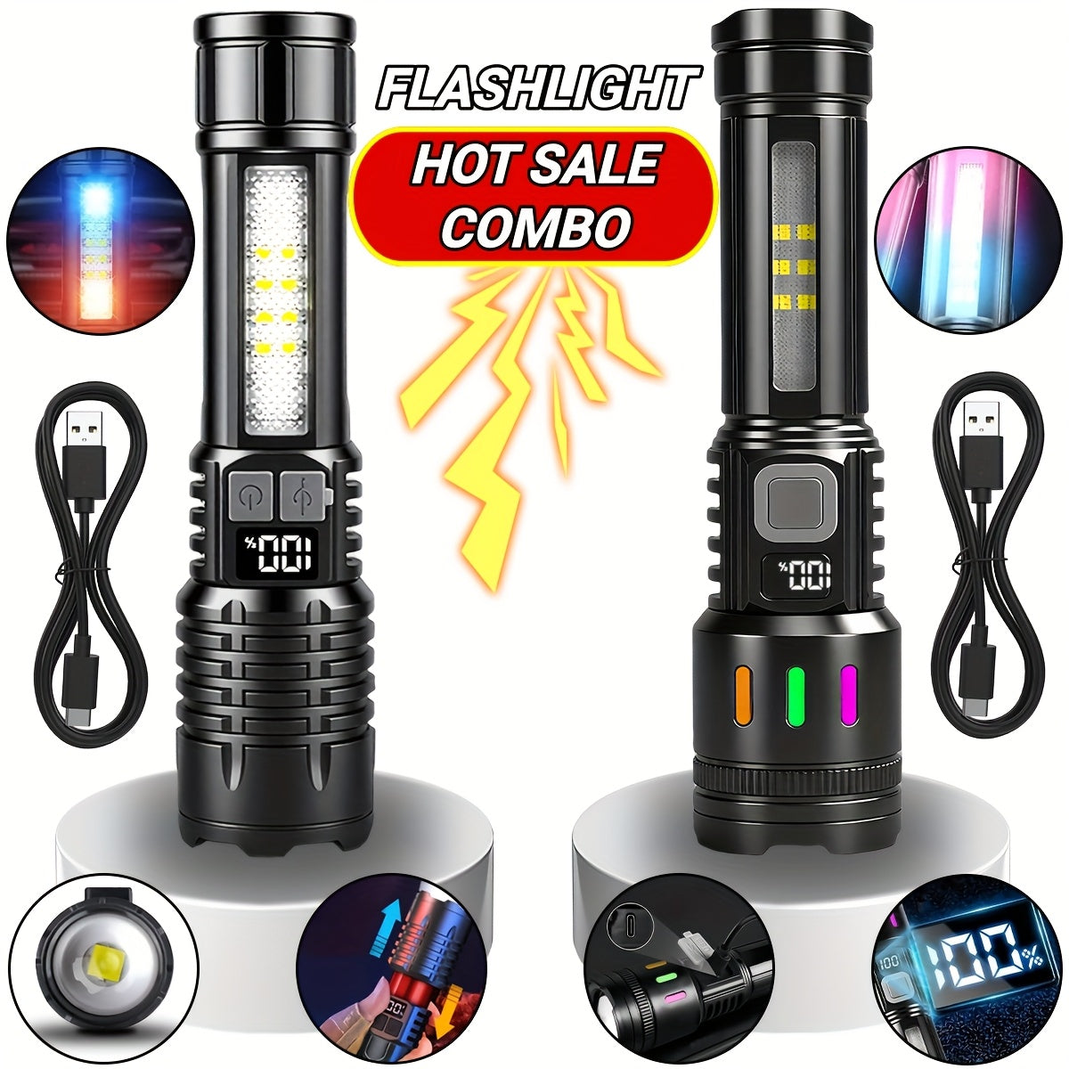 2 Pack Rechargeable LED Tactical Flashlight with Telescopic Zoom, COB Side Light & 5 Modes, High Power Handheld Flashlight USB-C for Camping Hiking Biking Emergency – Best Gift for Him