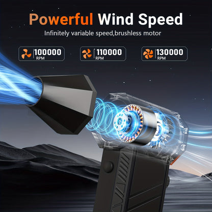 Electric Air Duster 130,000 RPM Cordless Rechargeable | 3-Speed Turbine Fan Air Blower for Keyboard, Computer, Car Interior & Home – Replaces Compressed Air Cans – Black & Orange