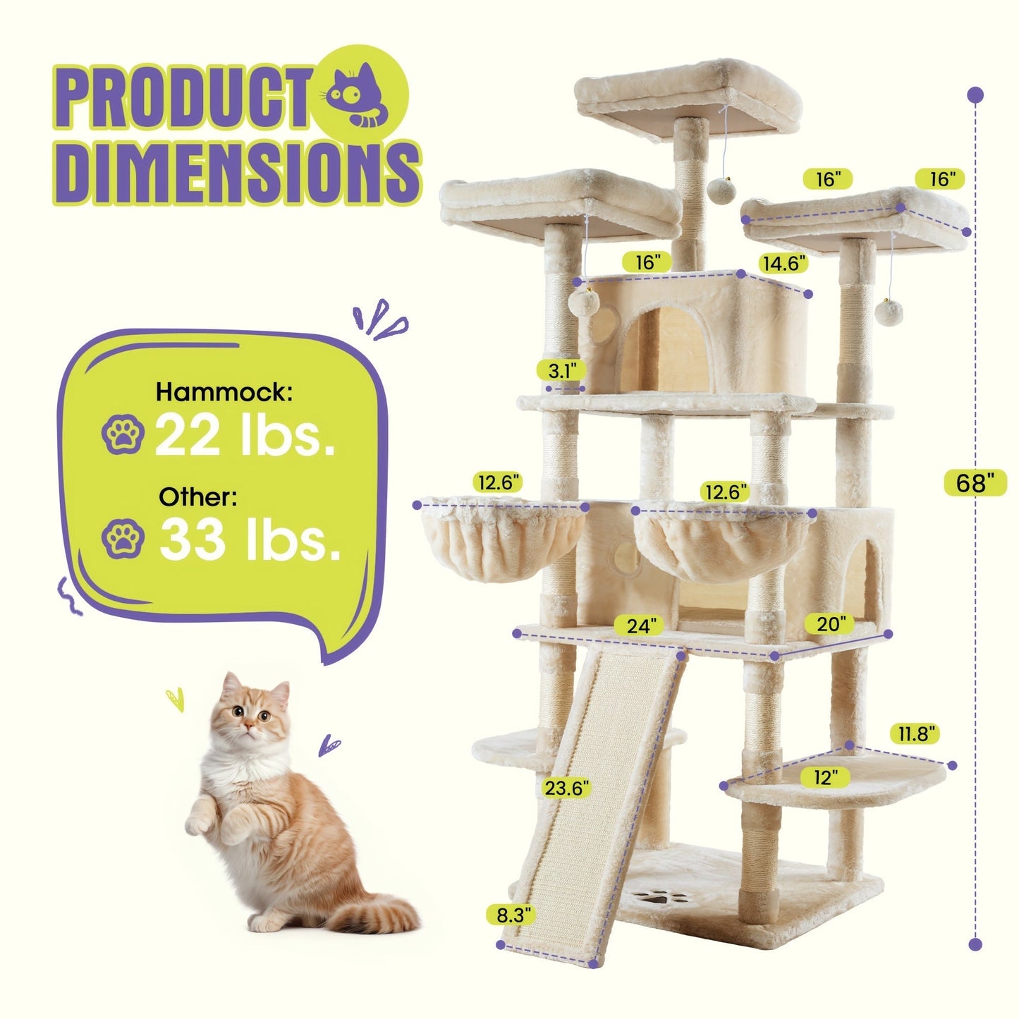 WEEWAY Corner Cat Tree Tower for Indoor Cats 36–81 Inch – Multi-Level Cat Furniture with Sisal Scratching Posts, Condo Cave, Hammock, Ramps, Plush Perches, Basket & Pompom Toys, Perfect Cat Gift