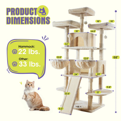 WEEWAY Corner Cat Tree Tower for Indoor Cats 36–81 Inch – Multi-Level Cat Furniture with Sisal Scratching Posts, Condo Cave, Hammock, Ramps, Plush Perches, Basket & Pompom Toys, Perfect Cat Gift