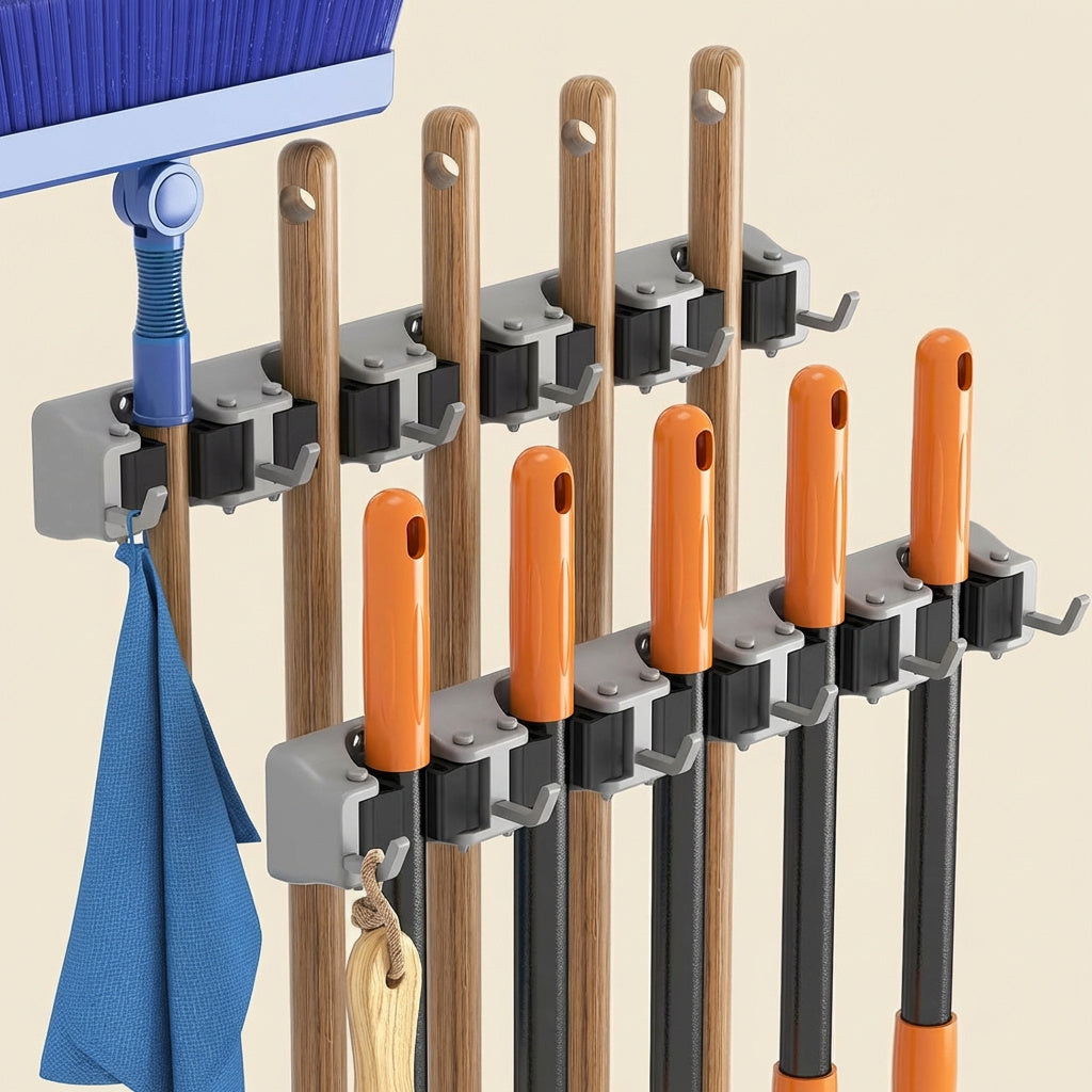 Wall-Mounted Mop and Broom Holder Organizer 5 Slots 6 Hooks Heavy-Duty Non-Slip Cleaning Tool Rack for Home Garage Kitchen Laundry Room Boat – Easy Install on Any Surface