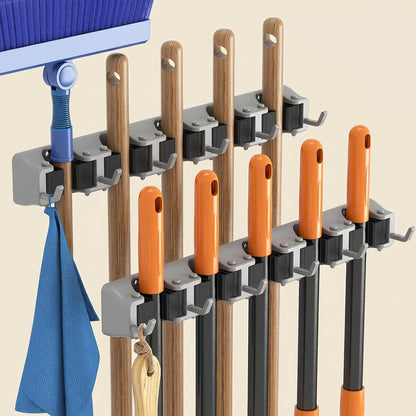 Wall-Mounted Mop and Broom Holder Organizer 5 Slots 6 Hooks Heavy-Duty Non-Slip Cleaning Tool Rack for Home Garage Kitchen Laundry Room Boat – Easy Install on Any Surface