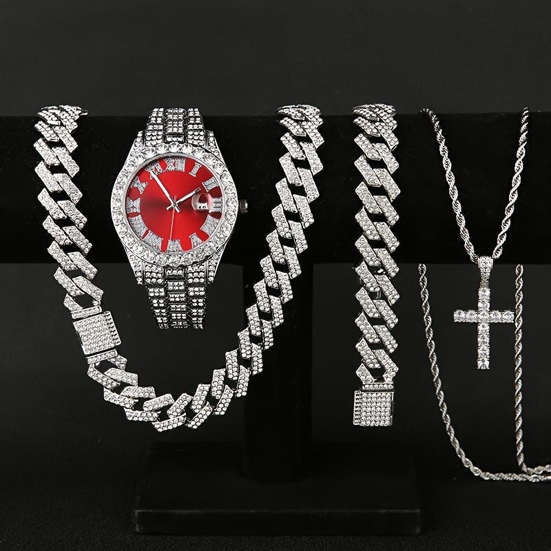 Men's Rhinestone Quartz Watch Necklace Bracelet Gift Set 3 or 4 Piece – Cross Necklace Jewelry Set for Men Football Fan Gear Birthday Holiday Gift Silver Gold