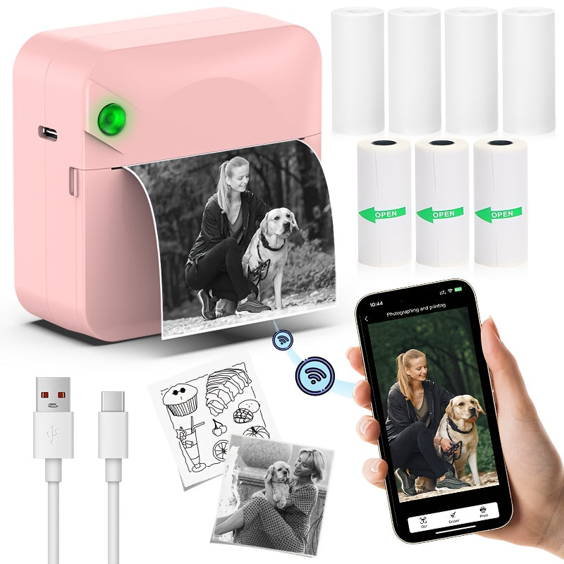 Mini Wireless Thermal Sticker Printer – Inkless Portable Bluetooth Pocket Printer for Photos, Diaries, Notes & Memos, Includes 1 Roll Thermal Paper, Smart Receipt & Label Maker