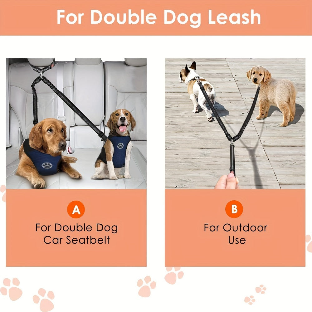 Dual Dog Car Seat Belt for 2 Dogs No-Tangle Headrest Restraint Adjustable Bungee Pet Safety Harness for Small Medium Large Dogs Car Travel