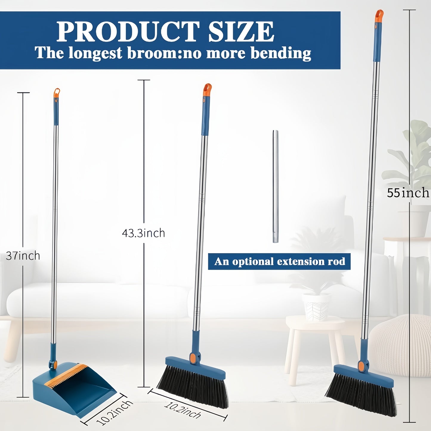 2-in-1 Broom and Dustpan Set Long Handle Foldable Non-Stick Hair Cleaning Hard Floor Sweeper Rotatable Combo for Home Living Room Bedroom Bathroom Outdoor