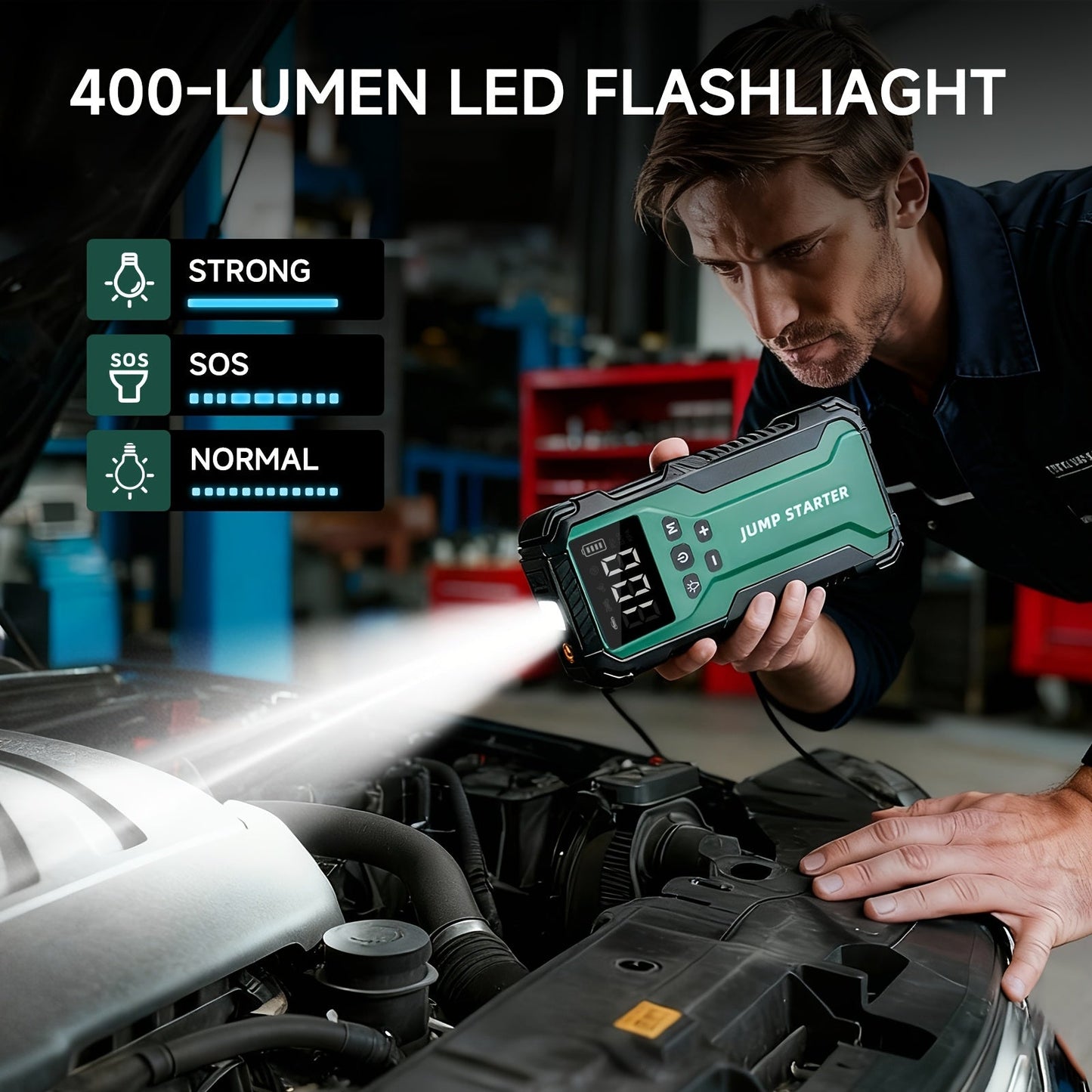 10000A Car Jump Starter 7-in-1 with 150PSI Air Compressor, Digital Tire Inflator, LED Emergency Light & USB Power Bank – Portable Battery Booster for Gas & Diesel Vehicles – Velora