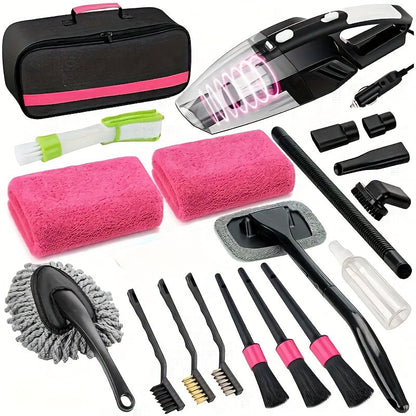 Car Wash Detailing Kit 19 or 41 Piece Handheld Vacuum Collapsible Bucket Tire Brush Windshield Tool Snow Shovel Cleaning Gel Complete Car Care Set Yellow Pink