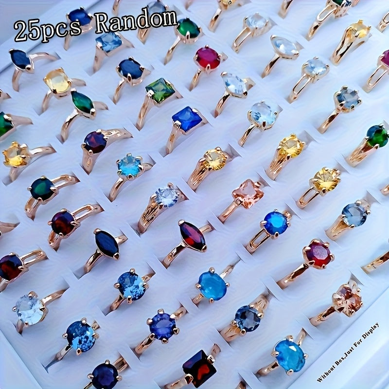 25-Piece Cubic Zirconia Stackable Ring Set – Shimmering Geometric CZ Rings in Silver & Gold, Multi-Color Variety Pack for Women, Engagement Wedding Evening Party Daily Wear Jewelry Gift
