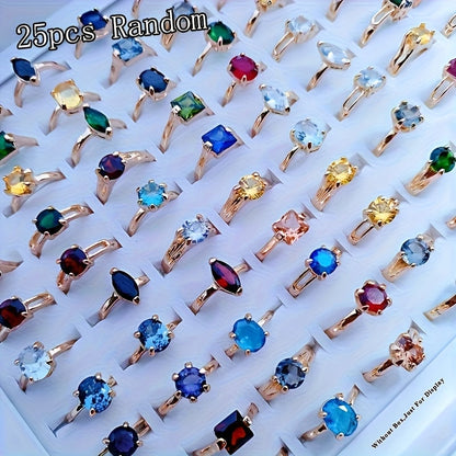 25-Piece Cubic Zirconia Stackable Ring Set – Shimmering Geometric CZ Rings in Silver & Gold, Multi-Color Variety Pack for Women, Engagement Wedding Evening Party Daily Wear Jewelry Gift
