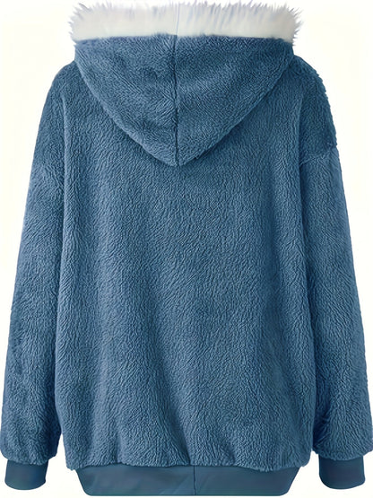 Women's Teddy Bear Jacket – Autumn Winter Color Block Zip-Up Fleece Coat, Soft Warm Casual Outerwear, 2 Color Combinations, Sizes S-XL, Cozy Street Style Jacket